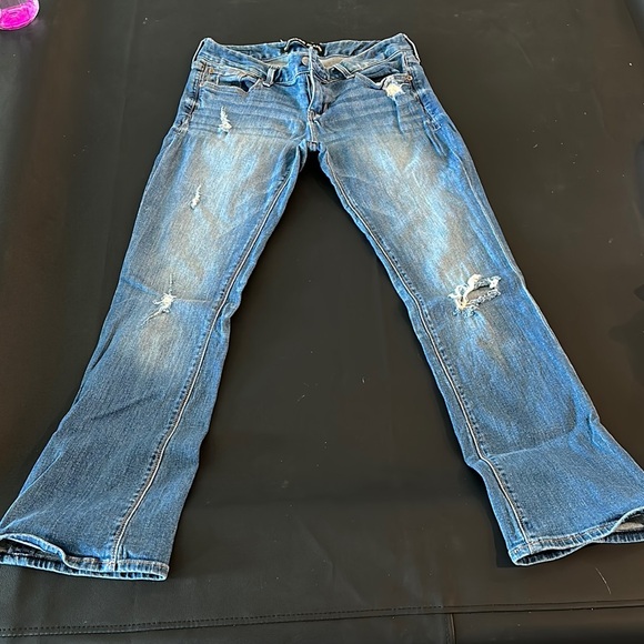 Express Denim - Express Blue Barley Boot Stella Low Rise  Jeans with Distressed Details